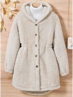 Tween Girl 1pc Button Front Hooded Teddy Coat