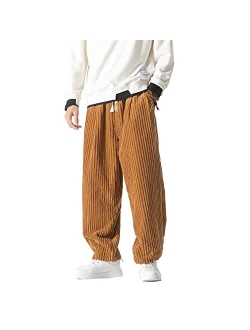 Seidarise Men's Corduroy Pants Straight Baggy Wide Leg Stretch Elastic Waist Drawstring Relaxed Fit Trousers Pant