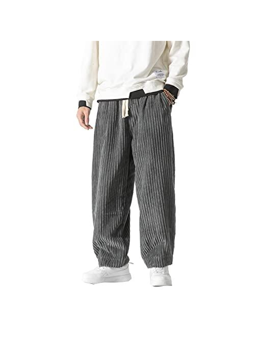 Seidarise Men's Corduroy Pants Straight Baggy Wide Leg Stretch Elastic Waist Drawstring Relaxed Fit Trousers Pant