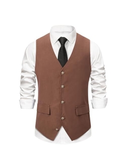 Mens V-Neck Dress Suit Business Casual Suit Vest Waistcoat 5 Button Slim Fit