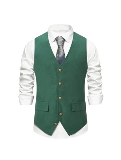 Mens V-Neck Dress Suit Business Casual Suit Vest Waistcoat 5 Button Slim Fit