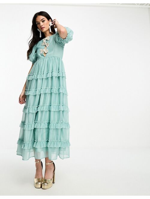 Dream Sister Jane pearl embellished ruffle tiered maxi dress in pistachio