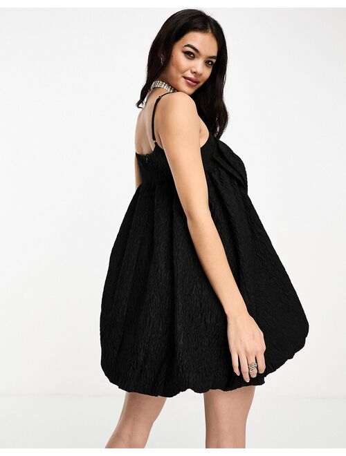 Sister Jane puffball bow jacquard mini dress in black