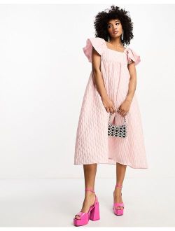 puff sleeve jacquard midi dress in powder pink