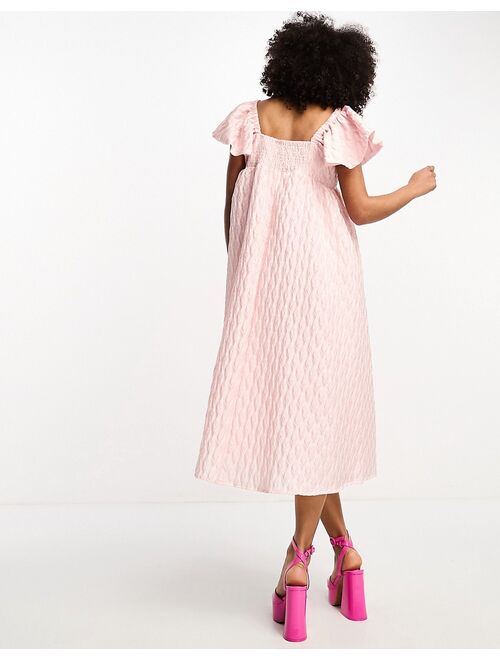 Sister Jane puff sleeve jacquard midi dress in powder pink