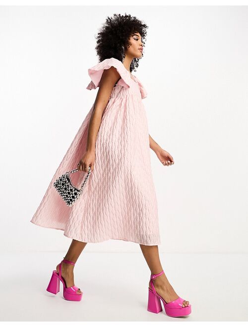 Sister Jane puff sleeve jacquard midi dress in powder pink