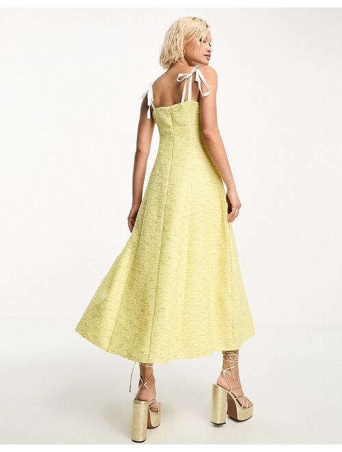 Sister Jane bow strap tweed midi dress in yellow