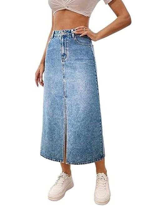 SweatyRocks Women's Casual High Waist Zip Up Jean Skirt A Line Long Denim Skirts with Pocket