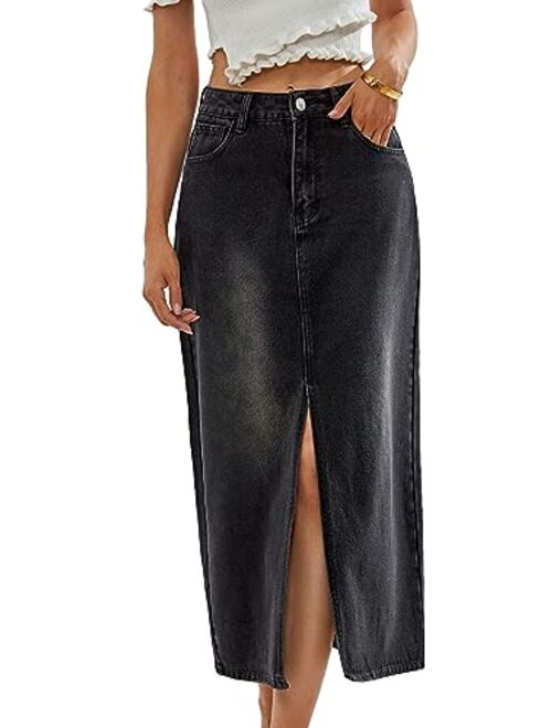 SweatyRocks Women's Casual High Waist Zip Up Jean Skirt A Line Long Denim Skirts with Pocket