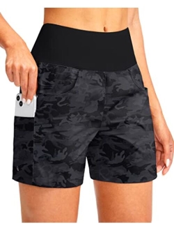 Women's 5" Swim Board Shorts with 4 Pockets High Waisted Quick Dry Beach Shorts Tummy Control for Women with Liner