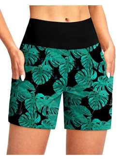 Women's 5" Swim Board Shorts with 4 Pockets High Waisted Quick Dry Beach Shorts Tummy Control for Women with Liner