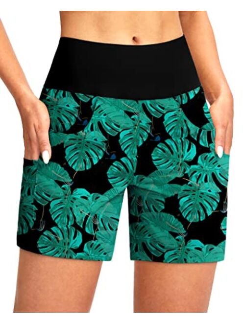 G Gradual Women's 5" Swim Board Shorts with 4 Pockets High Waisted Quick Dry Beach Shorts Tummy Control for Women with Liner