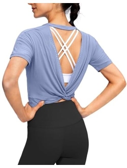 Women's Backless Workout Tops Short Sleeve Gym Shirts Soft Open Back Yoga Athletic Crop Tops for Women