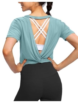 Women's Backless Workout Tops Short Sleeve Gym Shirts Soft Open Back Yoga Athletic Crop Tops for Women