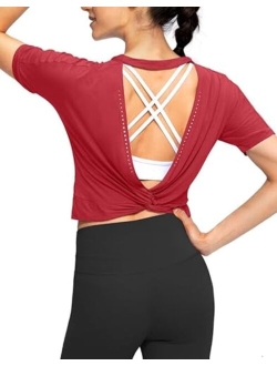 Women's Backless Workout Tops Short Sleeve Gym Shirts Soft Open Back Yoga Athletic Crop Tops for Women