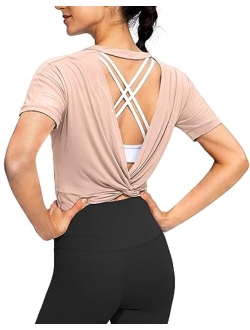 Women's Backless Workout Tops Short Sleeve Gym Shirts Soft Open Back Yoga Athletic Crop Tops for Women