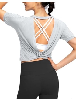 Women's Backless Workout Tops Short Sleeve Gym Shirts Soft Open Back Yoga Athletic Crop Tops for Women