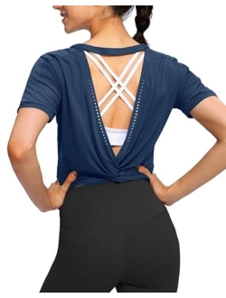 Women's Backless Workout Tops Short Sleeve Gym Shirts Soft Open Back Yoga Athletic Crop Tops for Women