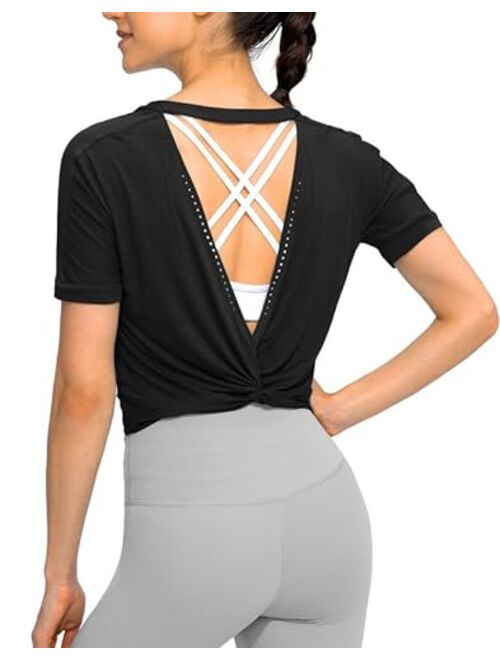 G Gradual Women's Backless Workout Tops Short Sleeve Gym Shirts Soft Open Back Yoga Athletic Crop Tops for Women