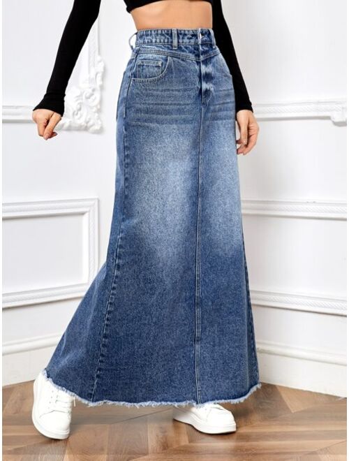 SHEIN Frenchy Raw Hem A-line Denim Skirt