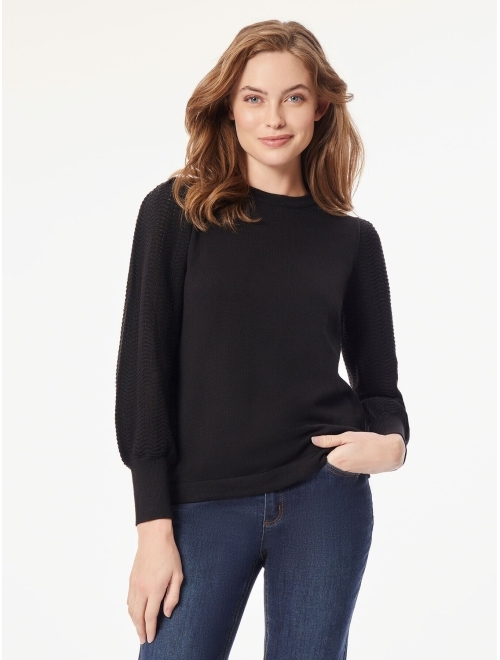 JONES NEW YORK Women's Stitch-Sleeve Crewneck Sweater