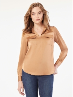 Women's Satin Split-Neck Long-Sleeve Blouse