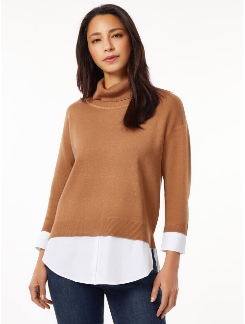 JONES NEW YORK Women's Cowlneck Mixed-Media Layered Sweater