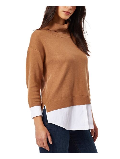 JONES NEW YORK Women's Cowlneck Mixed-Media Layered Sweater