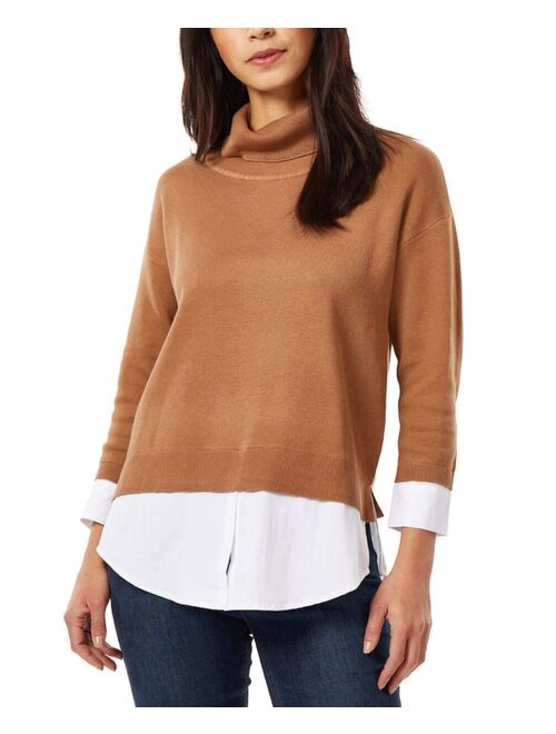 JONES NEW YORK Women's Cowlneck Mixed-Media Layered Sweater