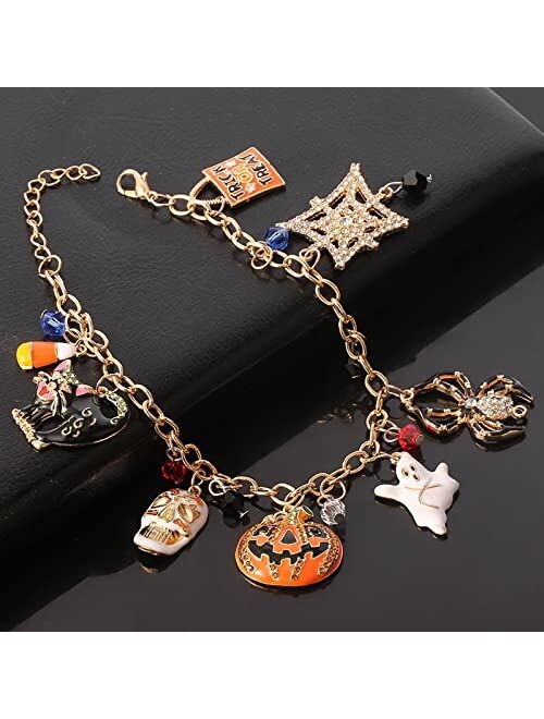 Whaline Halloween Bracelet Halloween Pumpkin Spider Ghost Black Cat Pendant Bracelet Adjustable Alloy Drop Bracelet for Girls Women Halloween Party Costume Accessories Gi