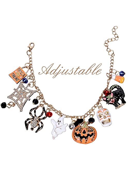 Whaline Halloween Bracelet Halloween Pumpkin Spider Ghost Black Cat Pendant Bracelet Adjustable Alloy Drop Bracelet for Girls Women Halloween Party Costume Accessories Gi