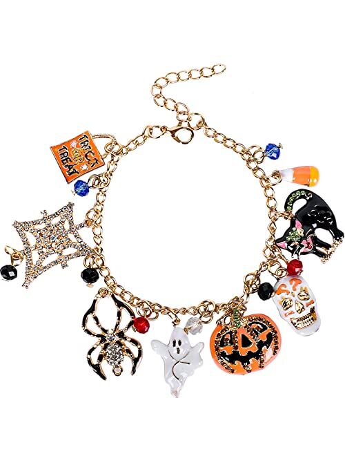 Whaline Halloween Bracelet Halloween Pumpkin Spider Ghost Black Cat Pendant Bracelet Adjustable Alloy Drop Bracelet for Girls Women Halloween Party Costume Accessories Gi