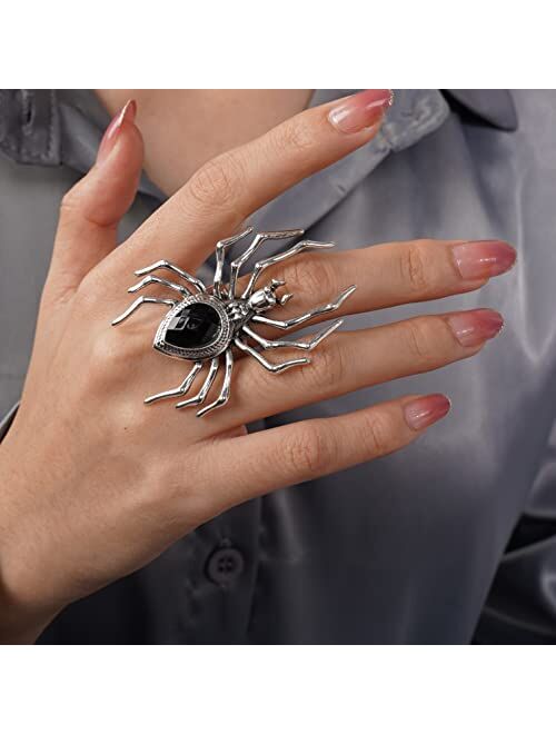 YERTTER Punk Grunge Silver Black Spider Ring Halloween Speacial Statement Ring Oversized Exaggrated Ring Costume Party Gift for Teens