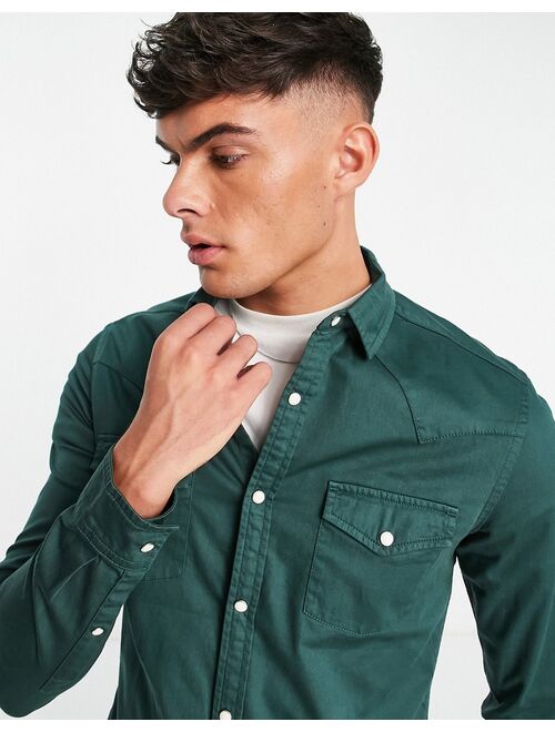 ASOS DESIGN skinny denim shirt in forest green