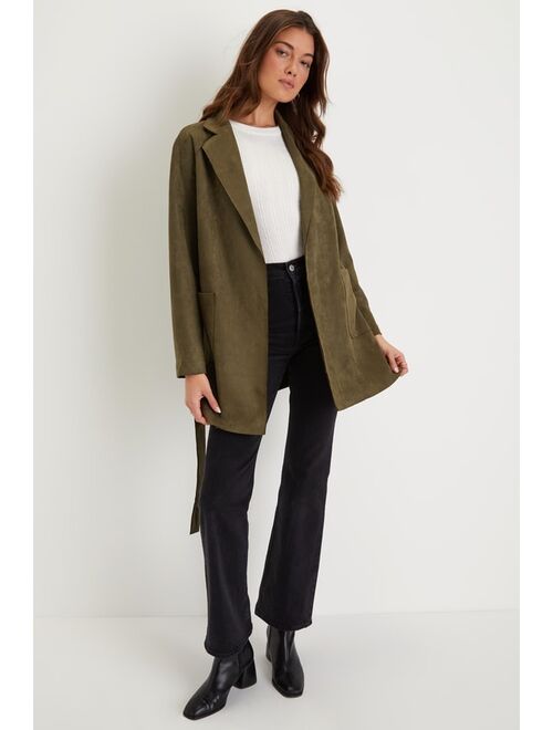 Lulus Always Elevated Olive Green Vegan Suede Collared Trench Coat