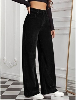 SHEIN EZwear High Waist Slant Pocket Cord Pants