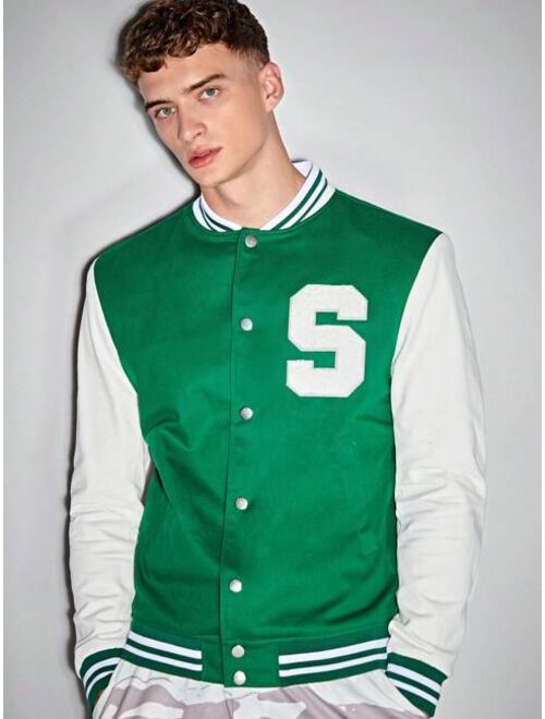 Shein Manfinity Sporsity Men Letter Patched Striped Trim Colorblock Varsity Jacket