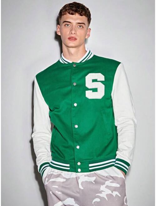 Shein Manfinity Sporsity Men Letter Patched Striped Trim Colorblock Varsity Jacket