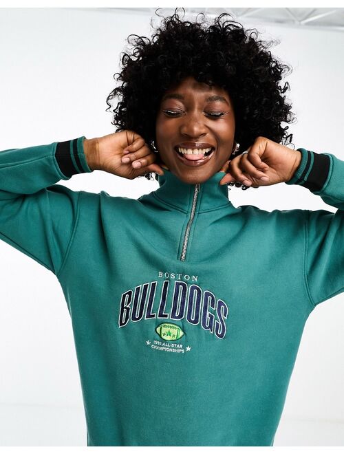 Daisy Street half zip sweatshirt with bulldogs graphic in washed green