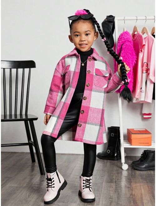 SHEIN Kids Cooltwn Young Girl Urban Elegant Plaid Jacquard Loose Mid-length Coat