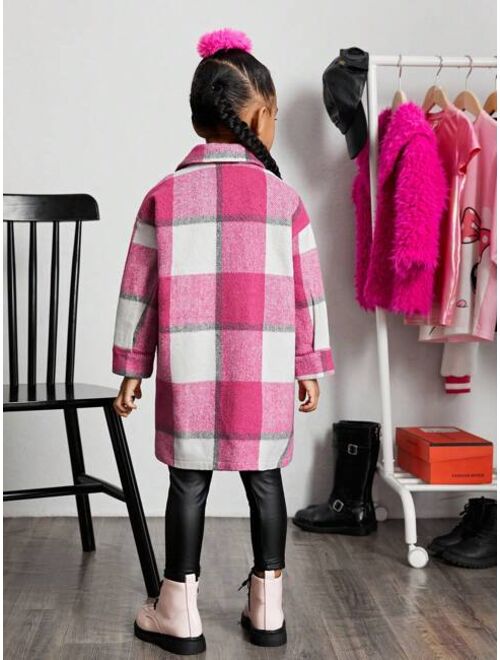 SHEIN Kids Cooltwn Young Girl Urban Elegant Plaid Jacquard Loose Mid-length Coat