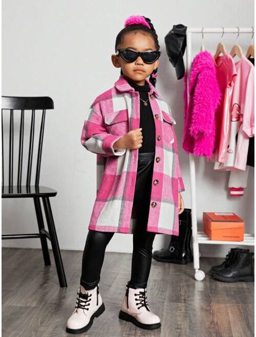 SHEIN Kids Cooltwn Young Girl Urban Elegant Plaid Jacquard Loose Mid-length Coat