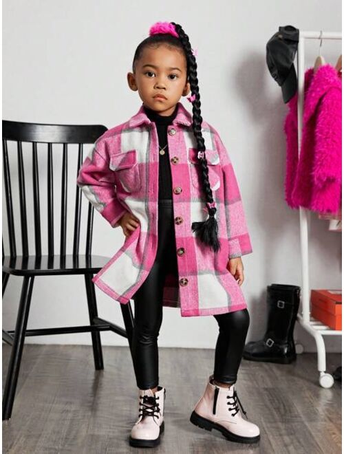 SHEIN Kids Cooltwn Young Girl Urban Elegant Plaid Jacquard Loose Mid-length Coat