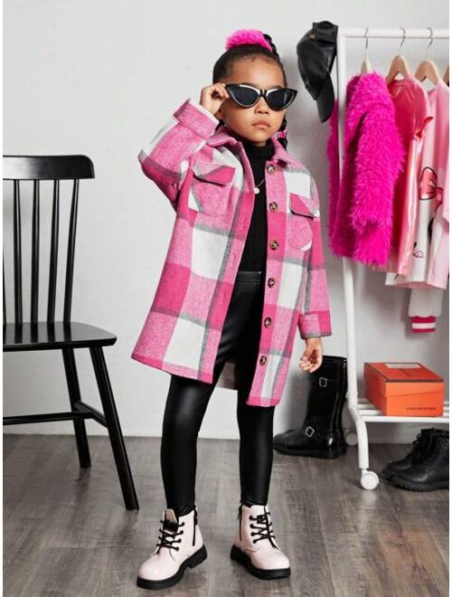 SHEIN Kids Cooltwn Young Girl Urban Elegant Plaid Jacquard Loose Mid-length Coat