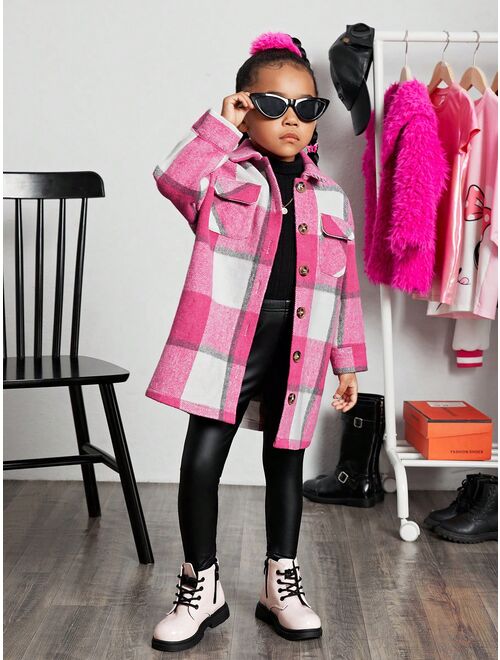 SHEIN Kids Cooltwn Young Girl Urban Elegant Plaid Jacquard Loose Mid-length Coat