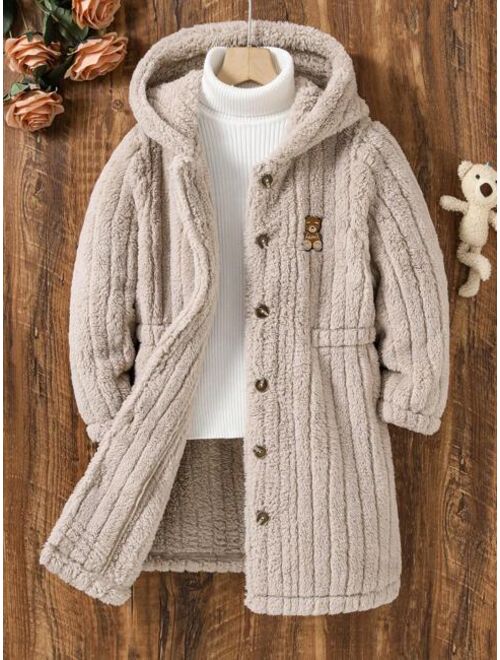 Shein Tween Girl 1pc Bear Embroidery Hooded Coat