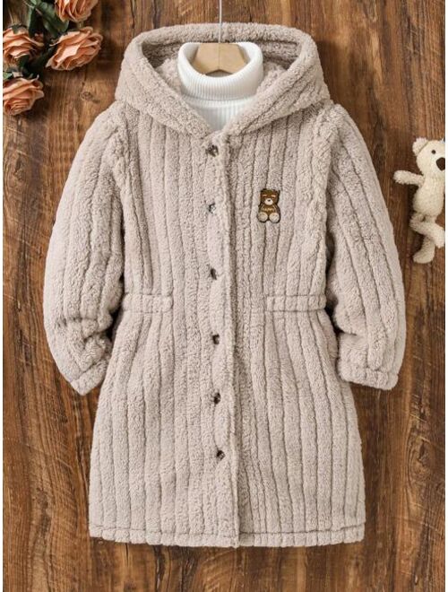 Shein Tween Girl 1pc Bear Embroidery Hooded Coat