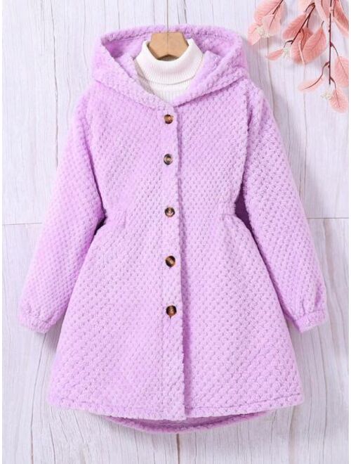 SHEIN Tween Girl Solid Button Front Hooded Teddy Coat Without Sweater