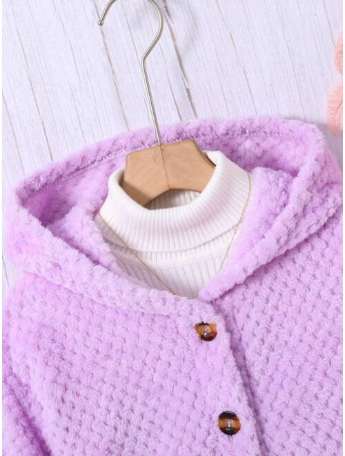 SHEIN Tween Girl Solid Button Front Hooded Teddy Coat Without Sweater