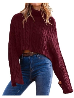 Women's Turtleneck Batwing Long Sleeve Crop Sweater 2023 Fall Chunky Cable Knit Cute Pullover Jumper Tops